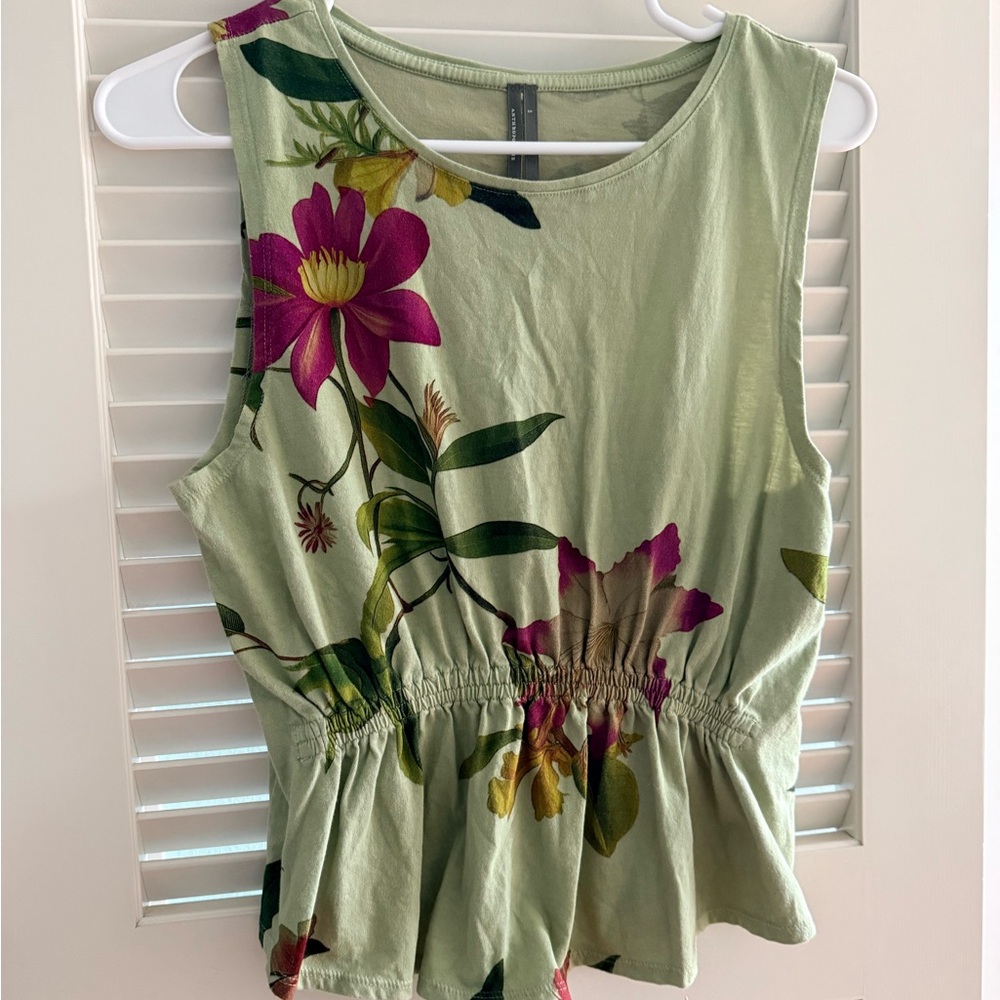 Anthropologie Sage Green Floral Peplum Tank with Pink Blooms